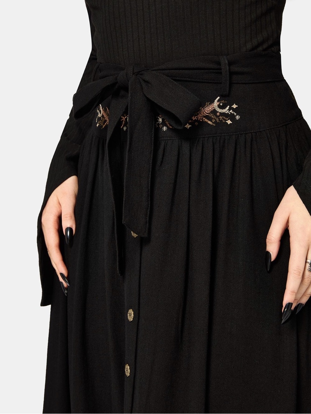 NWT Disturbia Abellona Embroidered Tie Waist Midaxi Skirt black Size 10 - Picture 2 of 6